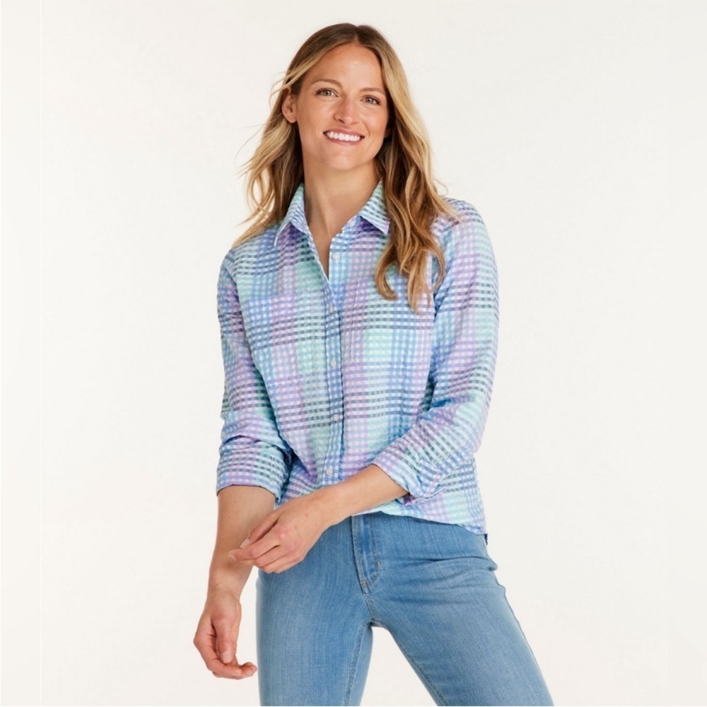 LL BEAN Vacationland Beach Preppy Pastel Rainbow Plaid Seersucker Buttondown Top
